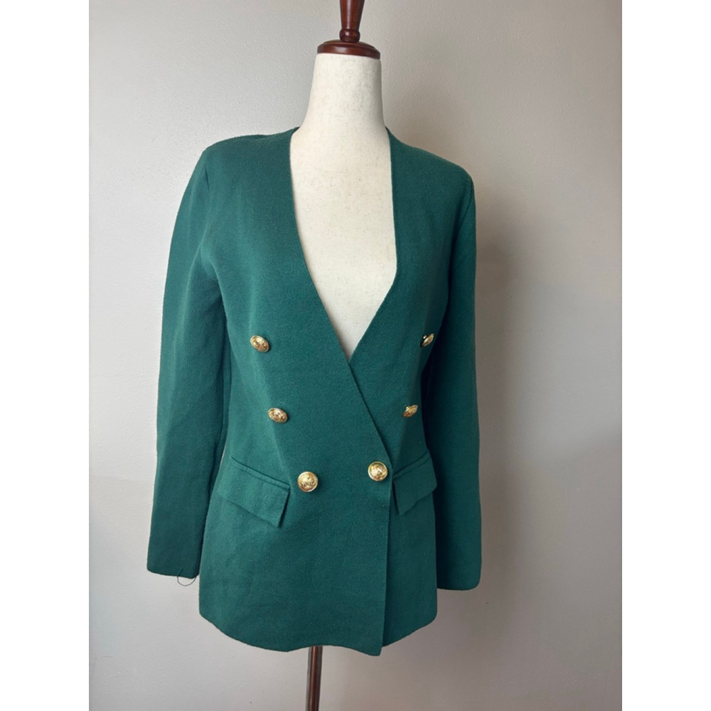 Women's Marled Green Double-Breasted Blazer S with Gold Buttons luxury designer